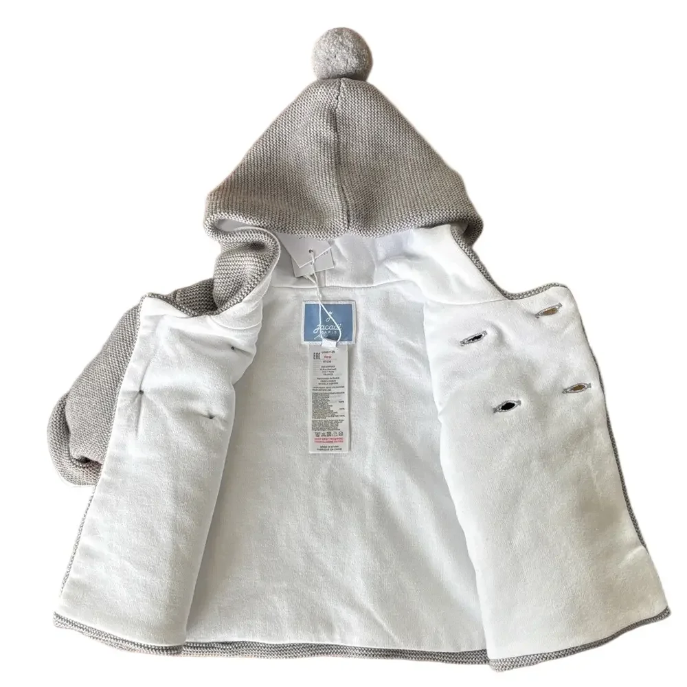 Jacadi Paris NWT Heather Gray Baby Knitted Burnous Jacket Pom Pom Hood 6 months